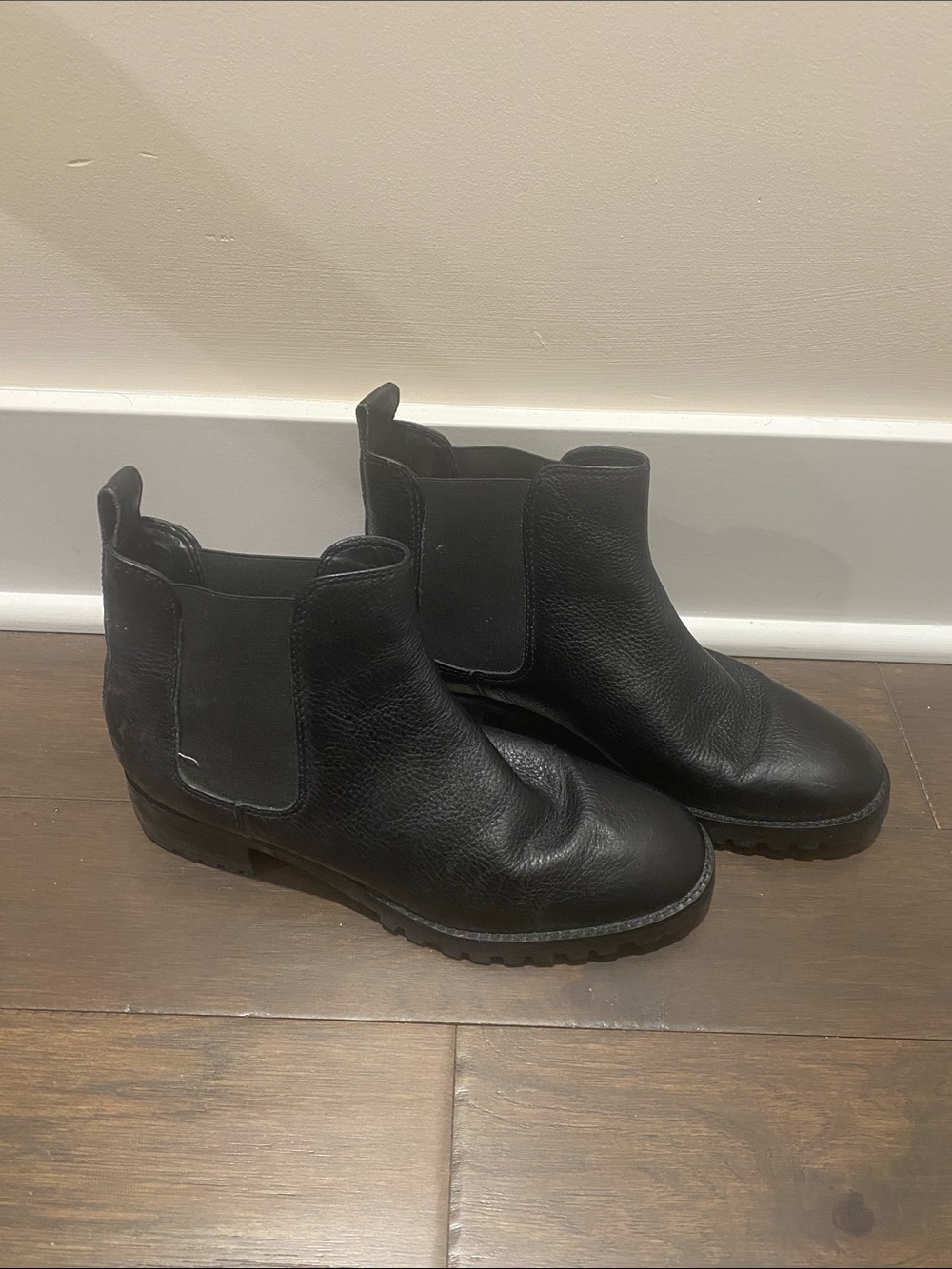 Talbots Black Leather Chelsea Lug Ankle Boots
